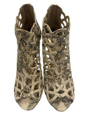 VINCE CAMUTO Beige Snake-Print Cutout Booties
